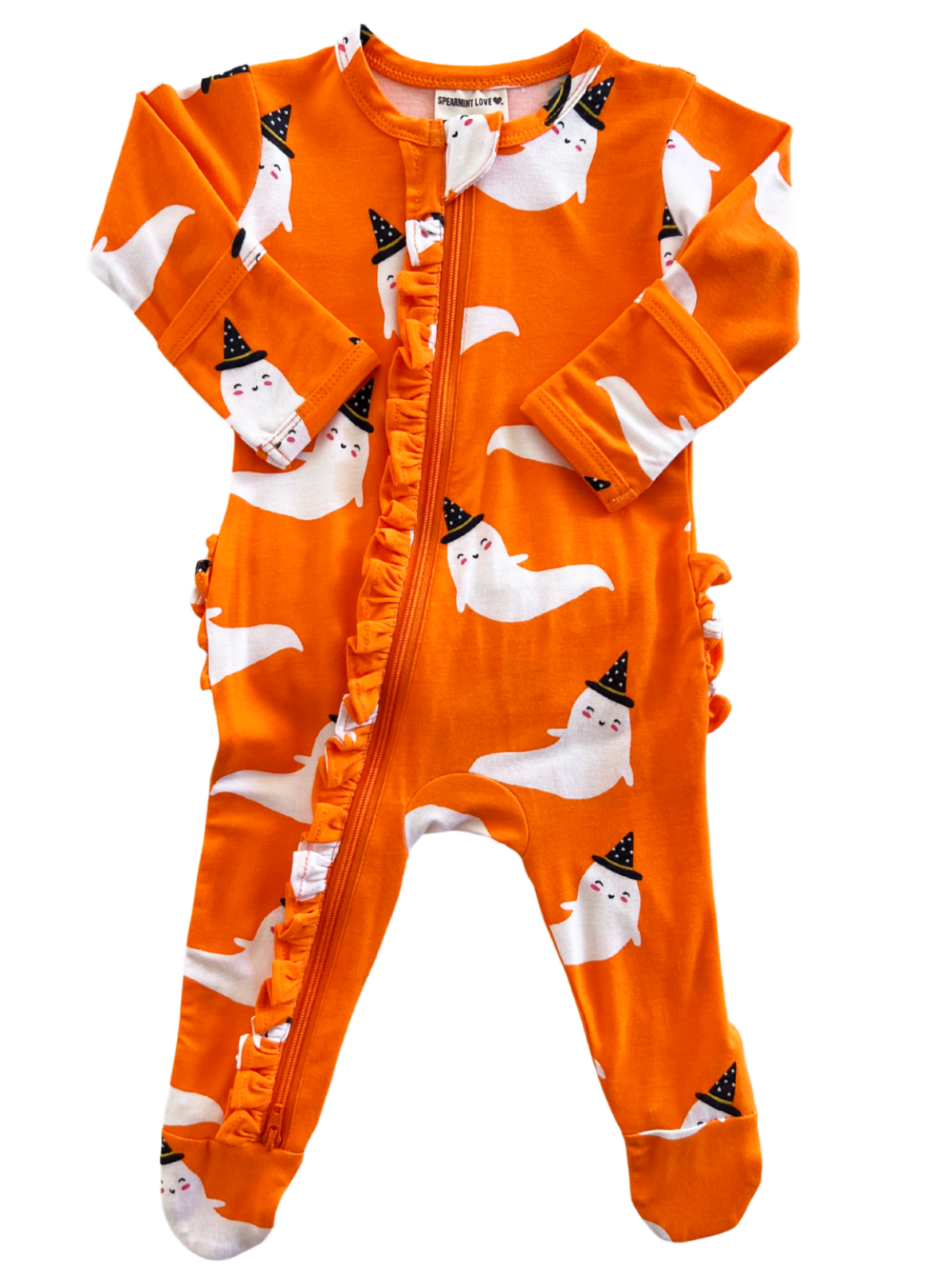 Orange baby onesie with ghost patterns and black hats, featuring a front zipper and ruffles along the side.