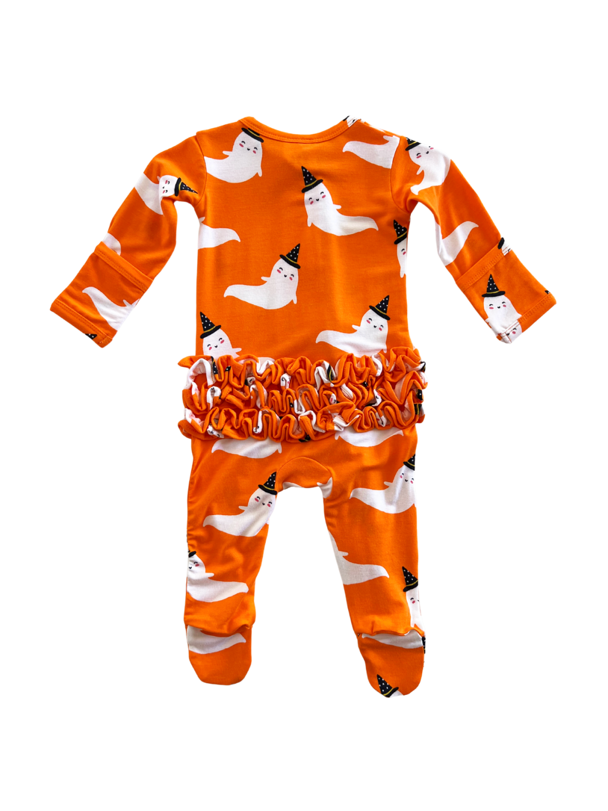 Orange pajama set featuring playful ghost designs and a ruffled waistband, perfect for Halloween.