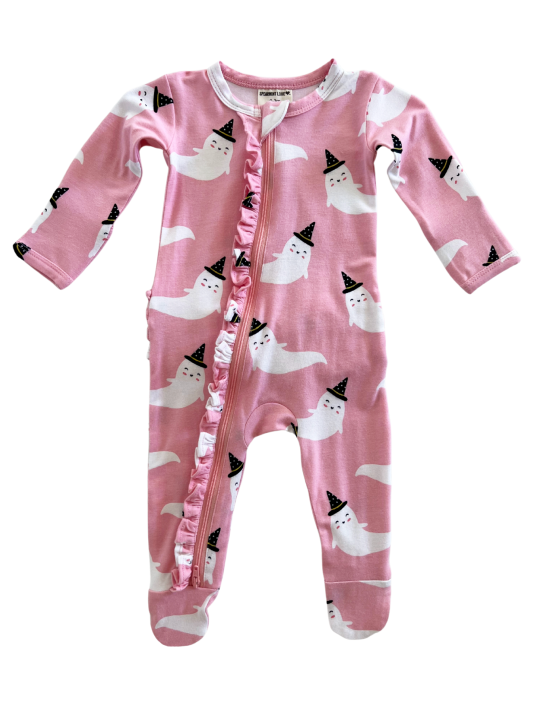 Pink ghost-themed baby onesie with ruffles and long sleeves, featuring playful ghost characters wearing party hats.