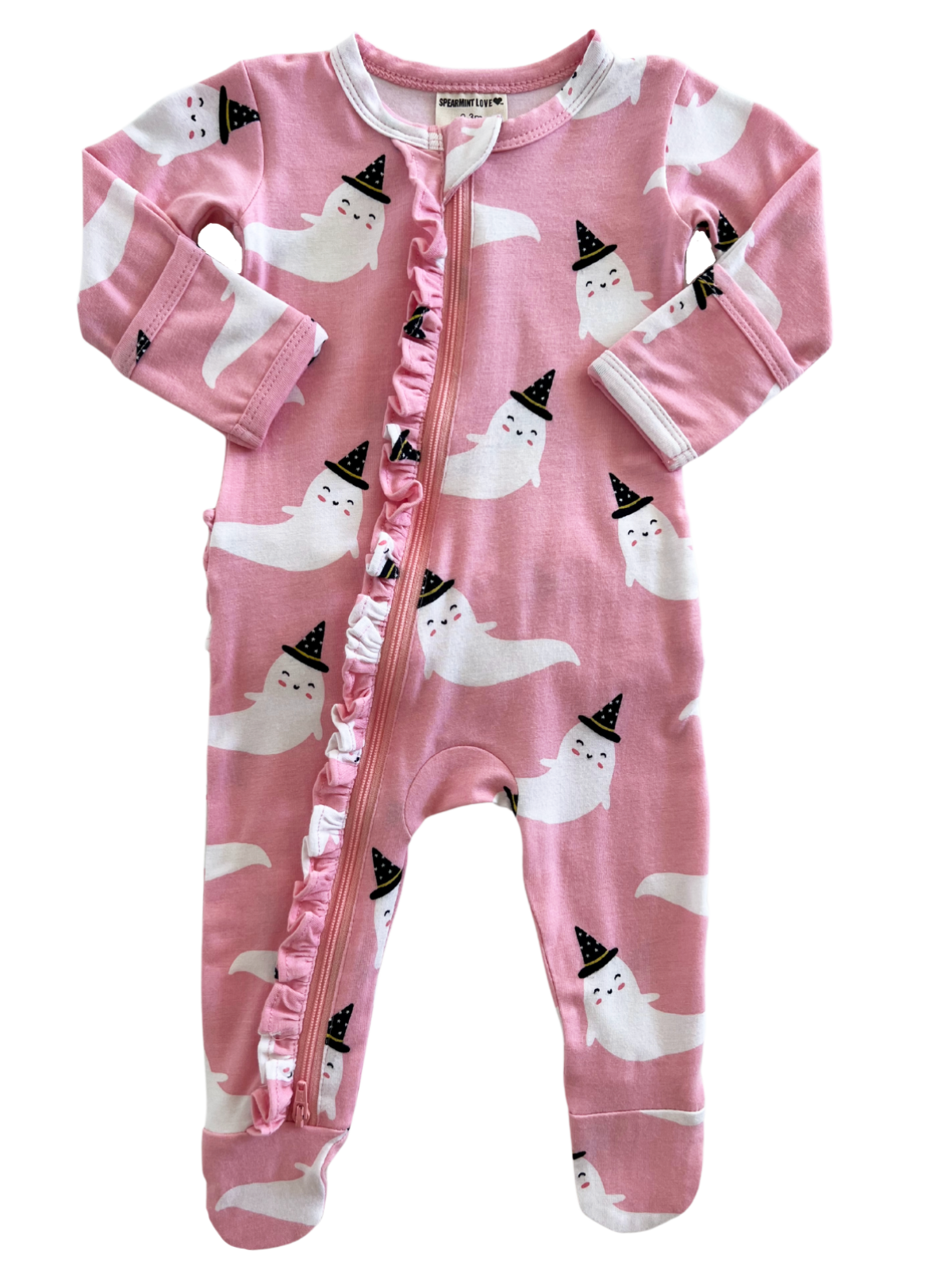 Pink baby onesie with ghost patterns and party hats, featuring a frill along the zipper. Cozy sleepwear option.