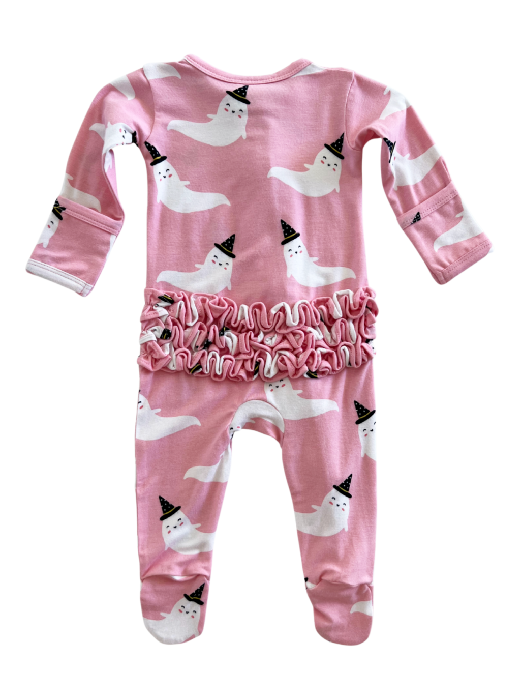 Pink baby onesie with white ghost print and black hats, featuring a ruffled waist detail.