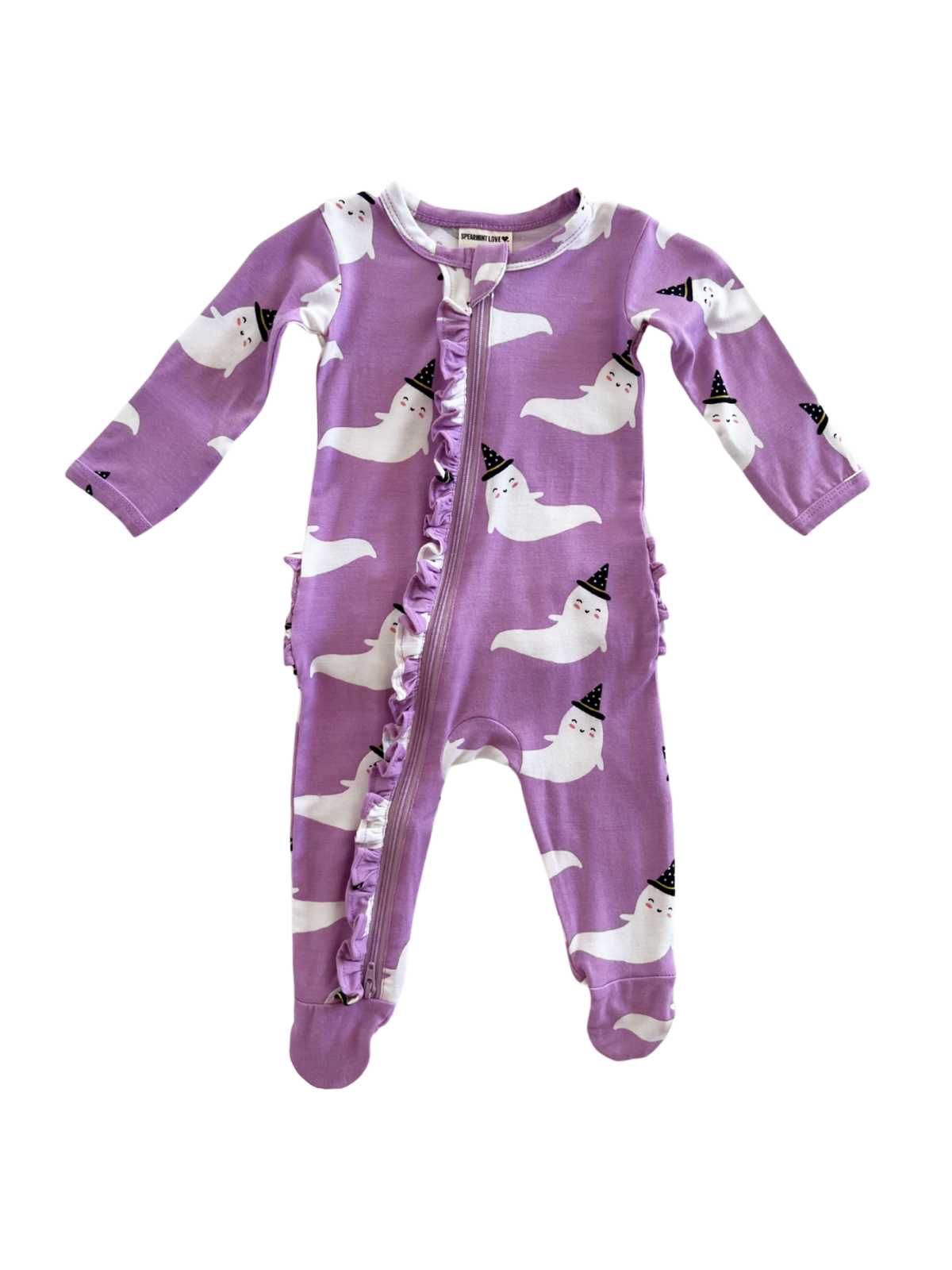 Purple pajama onesie with ghost patterns and black hats, featuring a front zipper and ruffled detailing.