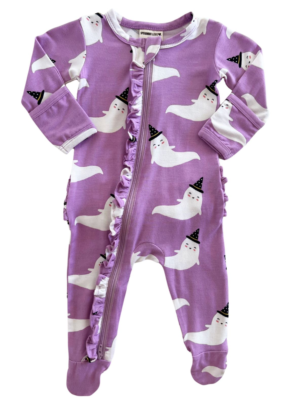 Purple ghost-themed toddler onesie with ruffles and zip closure, featuring playful, smiling ghosts in party hats.