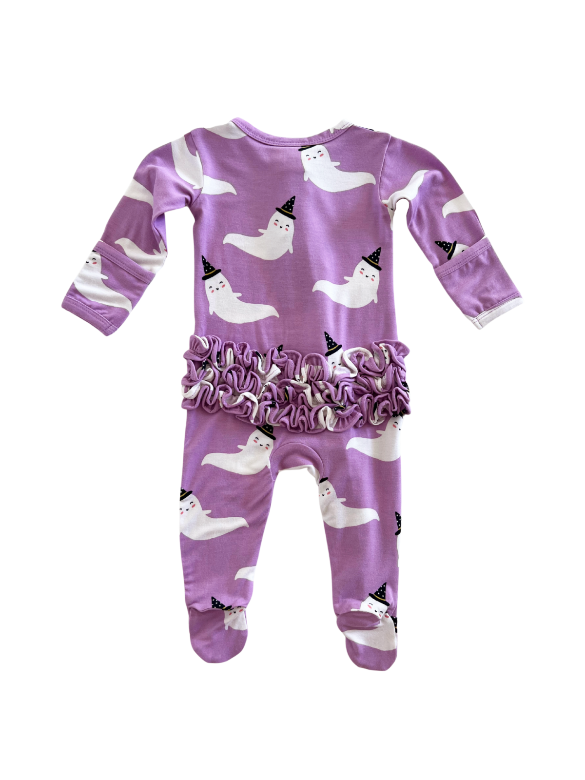 Purple ghost-themed onesie with ruffled waist, featuring smiling ghosts in party hats. Ideal for Halloween.