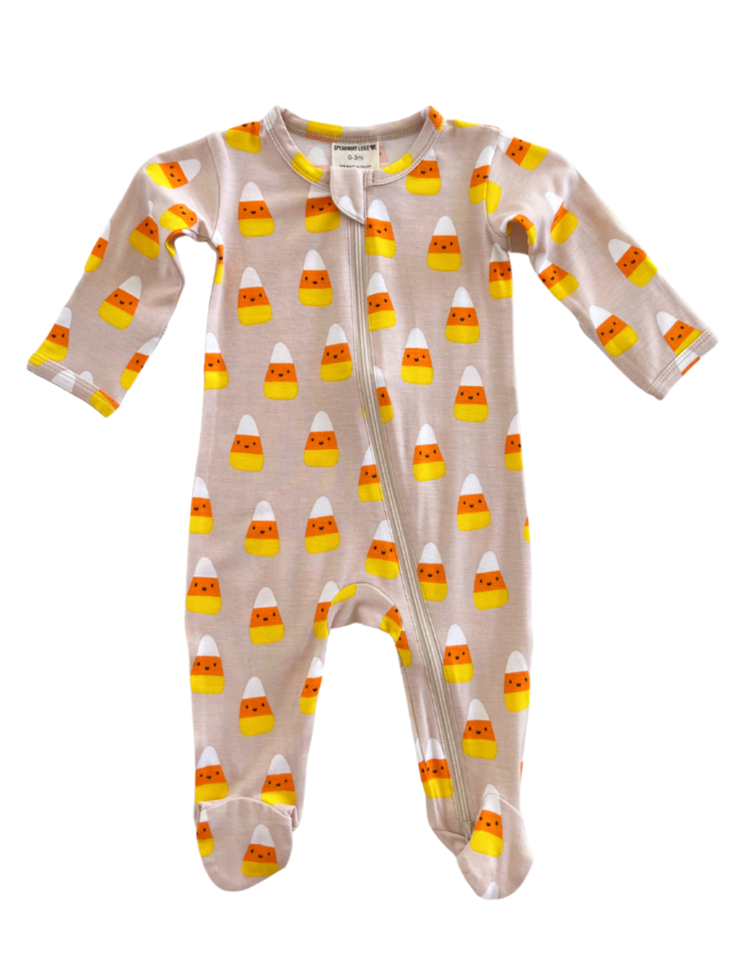 Cute infant onesie with candy corn pattern, featuring orange, yellow, and white colors. Perfect for Halloween.
