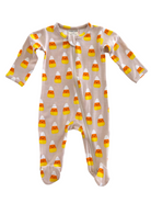Cute infant onesie with candy corn pattern, featuring orange, yellow, and white colors. Perfect for Halloween.