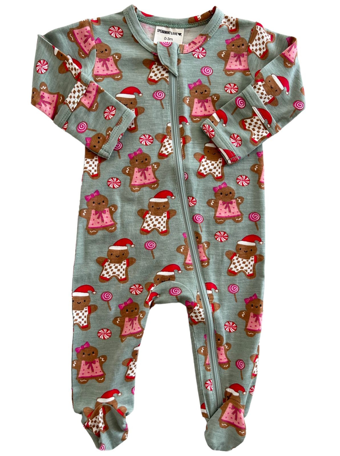 Green baby onesie with gingerbread man and candy cane patterns, featuring a front zipper and long sleeves.