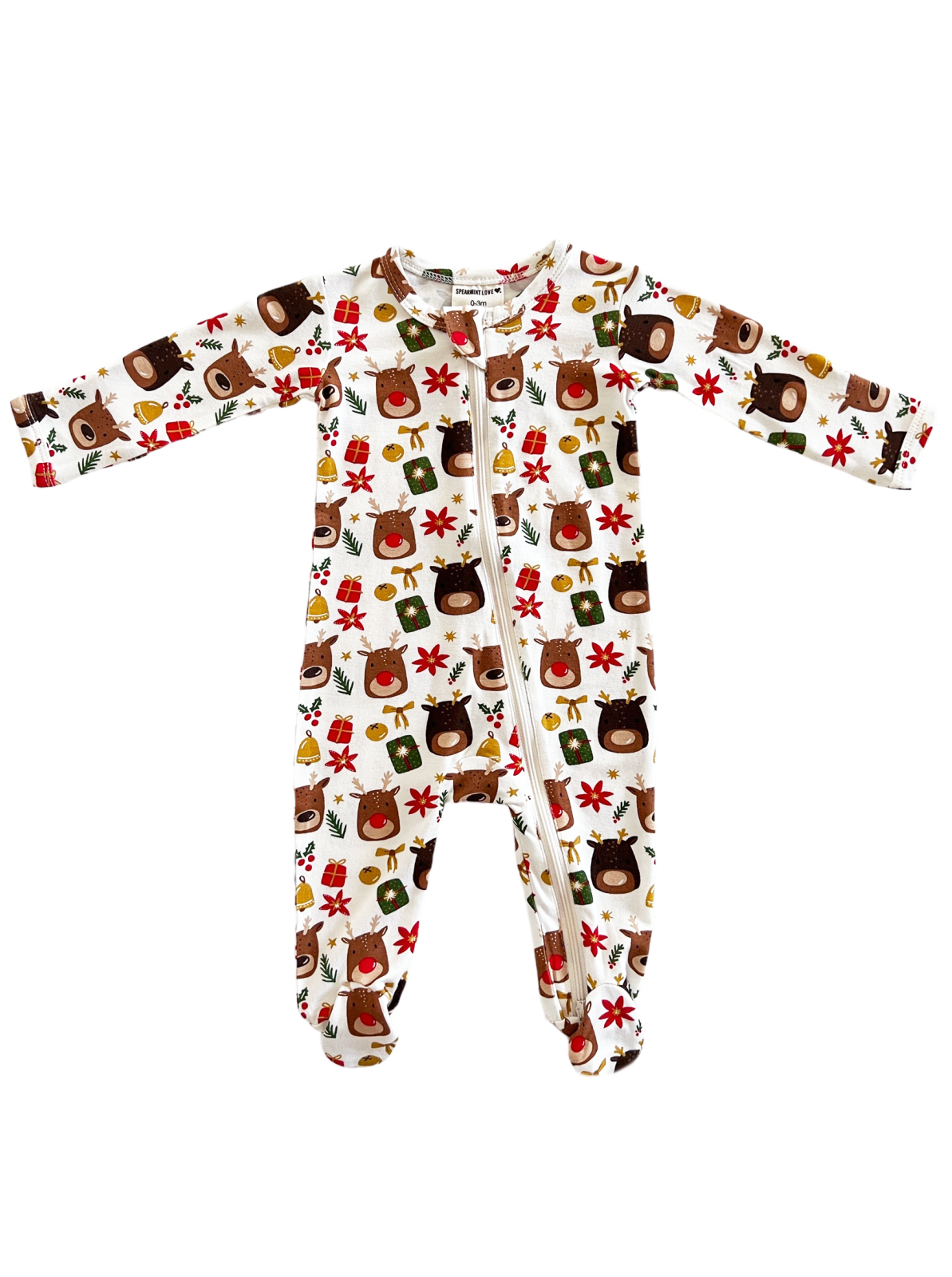 White baby onesie with festive bear and holiday designs, featuring a front zipper and long sleeves.