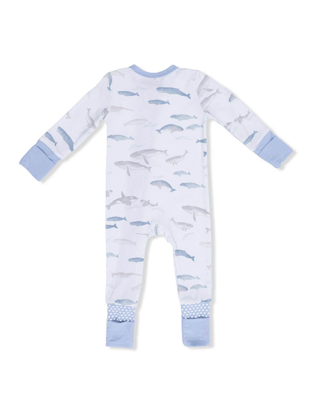 Light blue baby pajamas with a fish pattern, featuring long sleeves and polka dot cuffs.