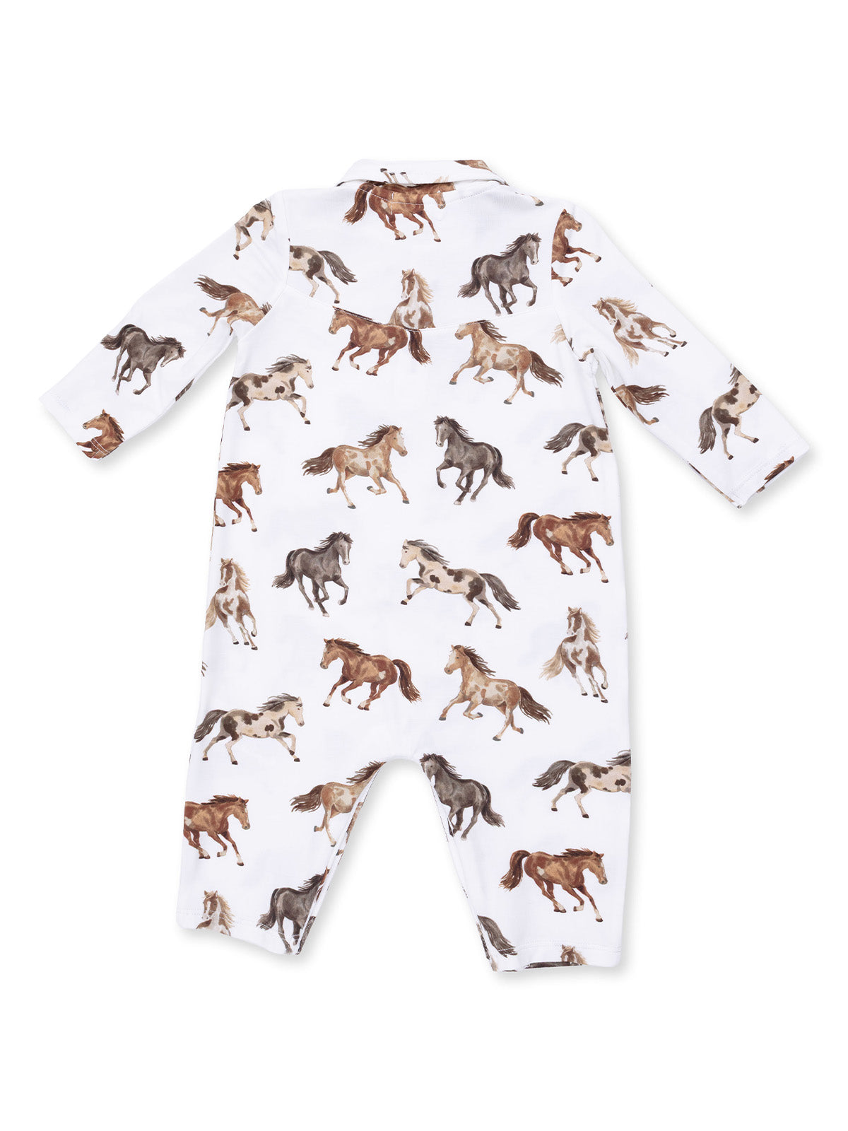 White children's onesie featuring a playful print of galloping horses in various colors.