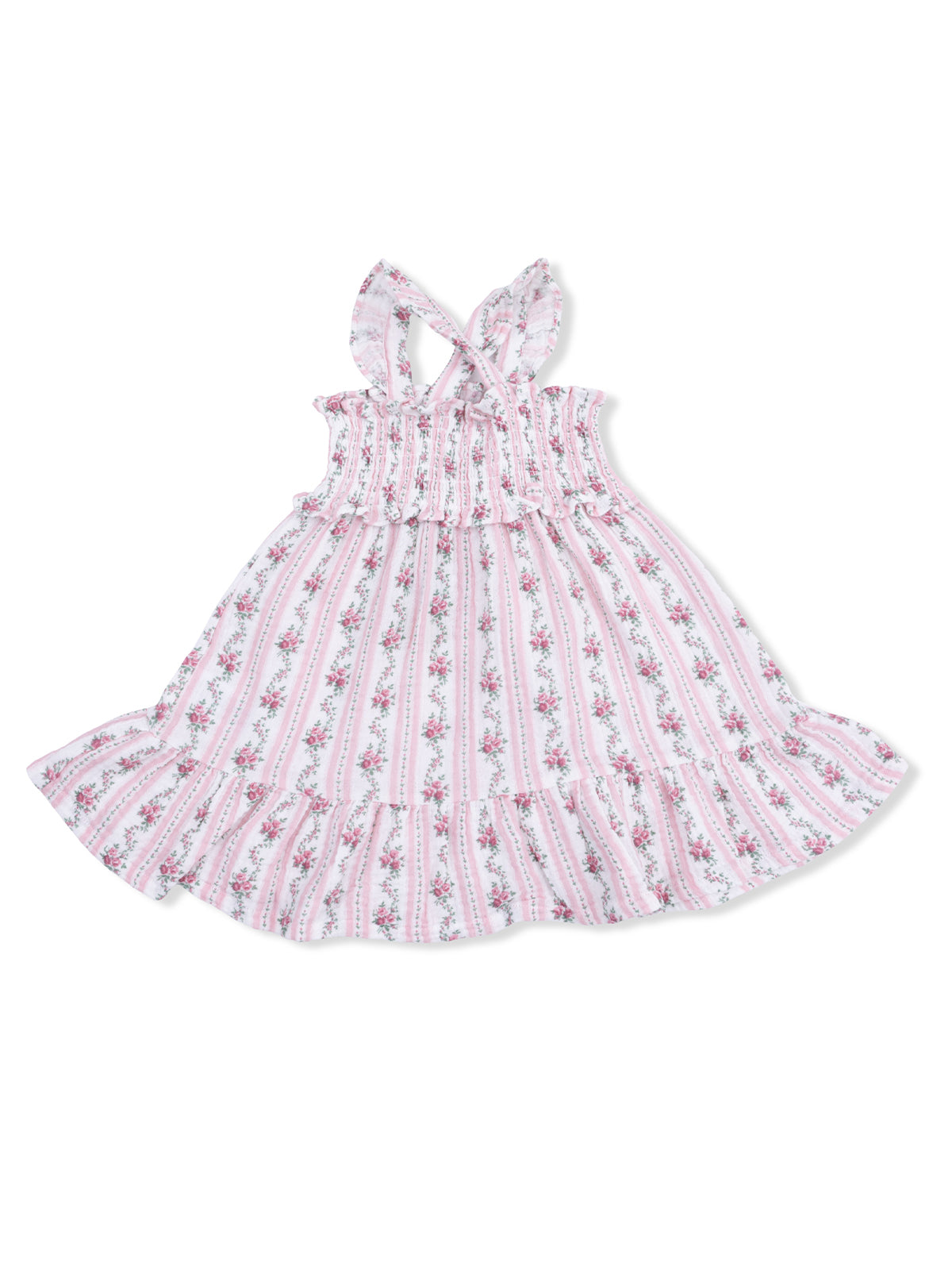 Floral patterned dress with ruffled straps and a tiered skirt in soft pink and white colors.