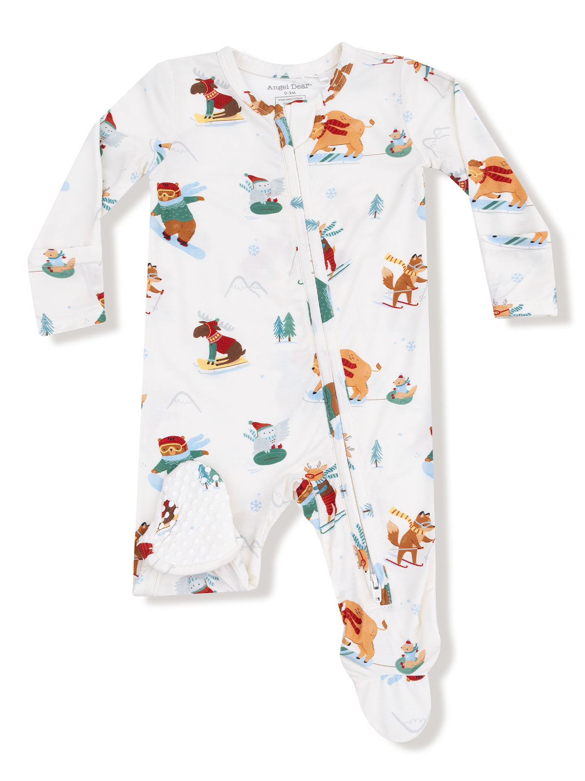 Long-sleeve infant pajamas with playful winter animal prints, featuring snowboarding bears and skiing foxes.