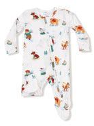 Long-sleeve infant pajamas with playful winter animal prints, featuring snowboarding bears and skiing foxes.