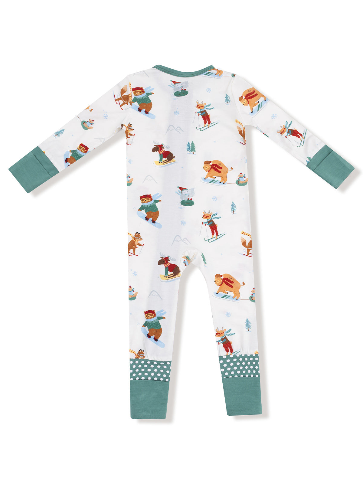 White pajama suit featuring playful winter-themed animal patterns and teal cuff accents, viewed from the back.