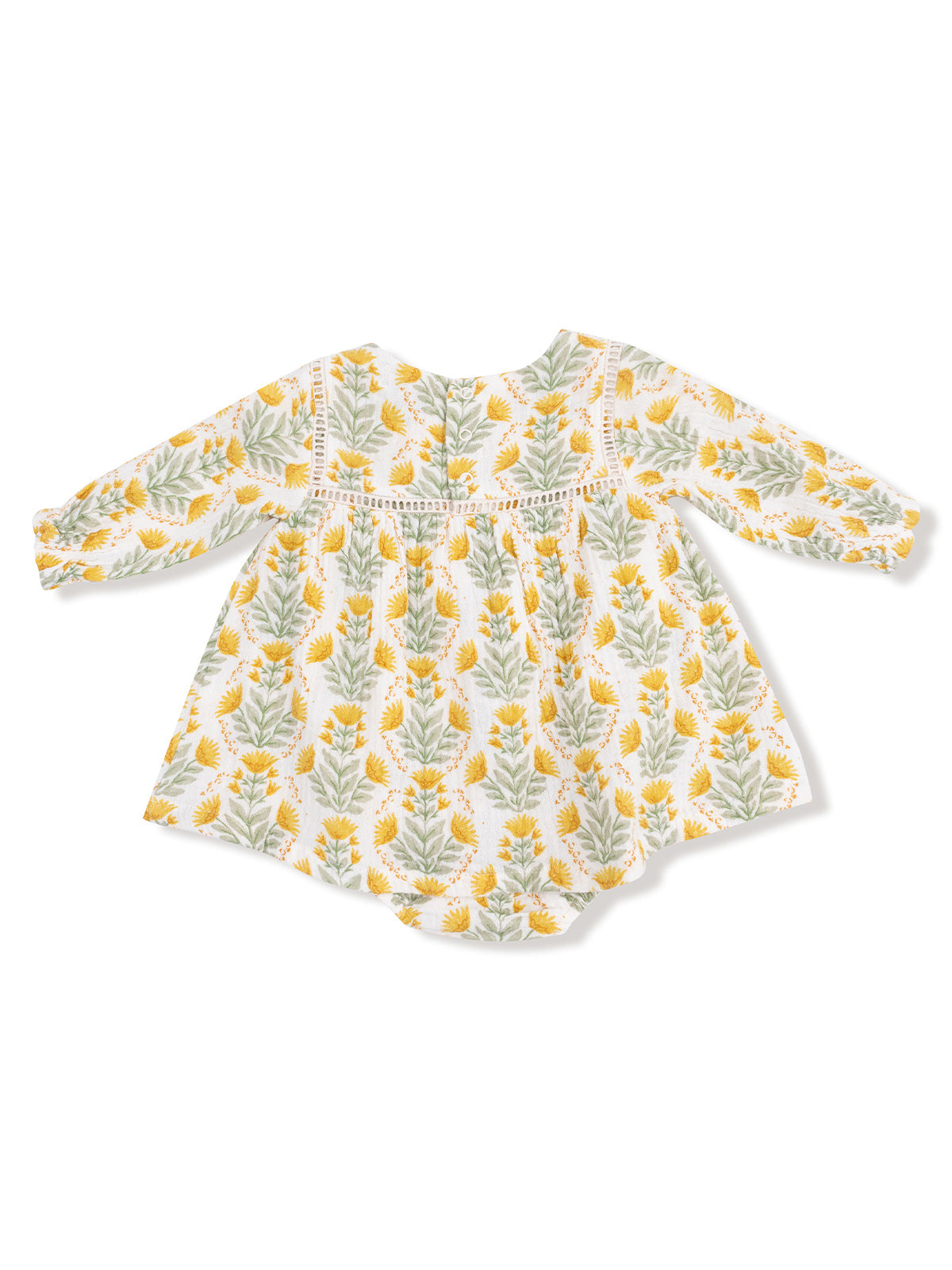 White baby dress with yellow and green floral pattern, featuring long sleeves and a button-up front.