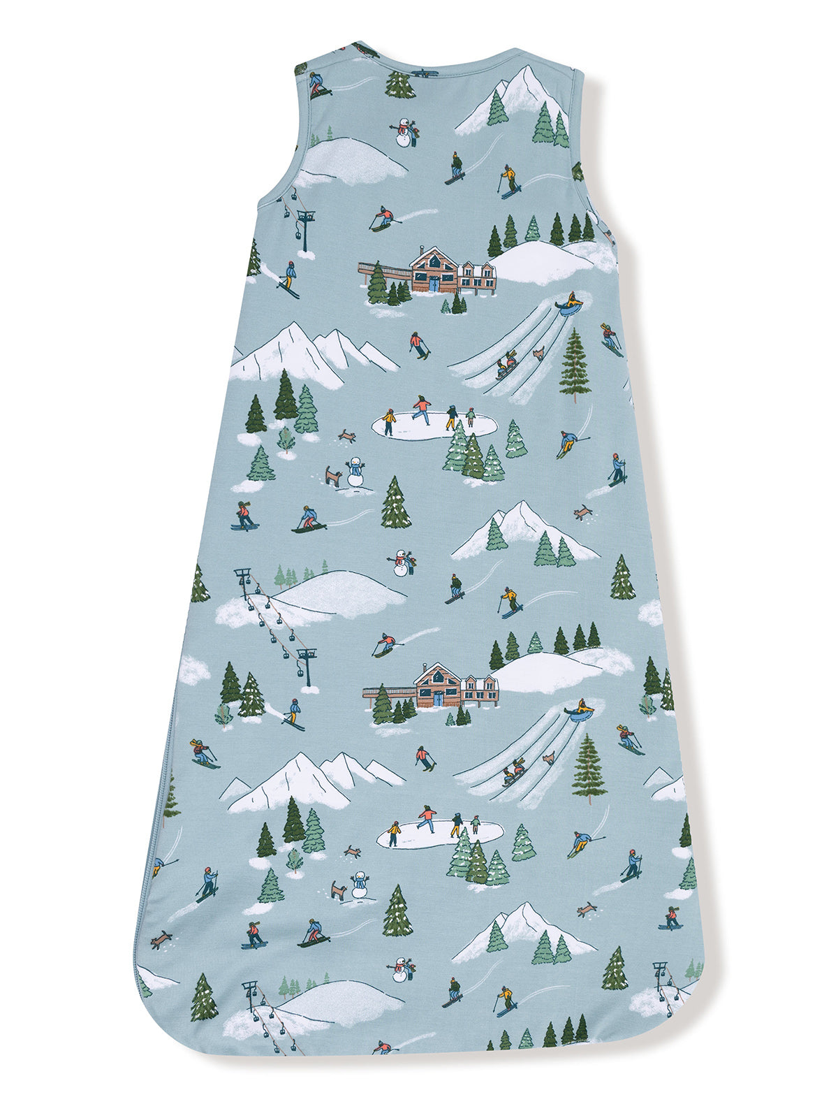 Kids' sleeveless dress featuring a snowy mountain scene with skiing and pine trees. Ideal for winter-themed play.