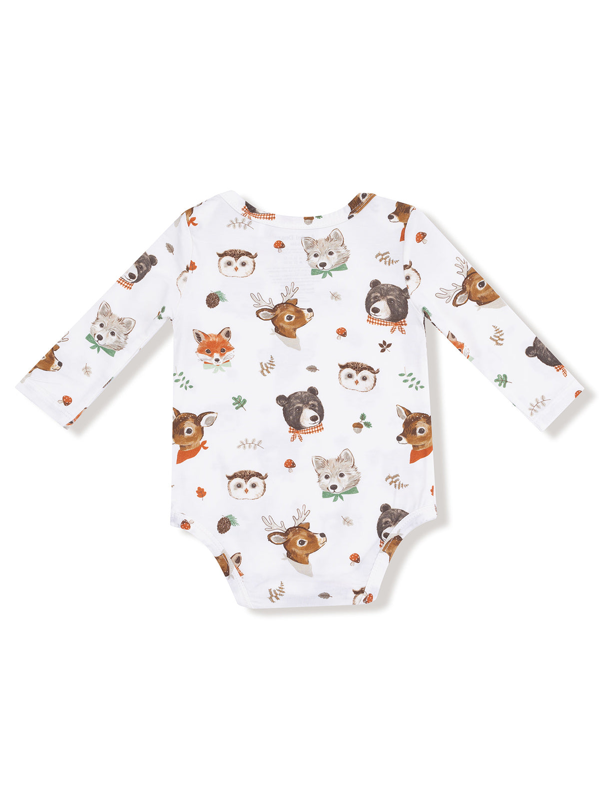 White baby onesie with cute animal prints including a deer, bear, fox, owl, and other woodland creatures.