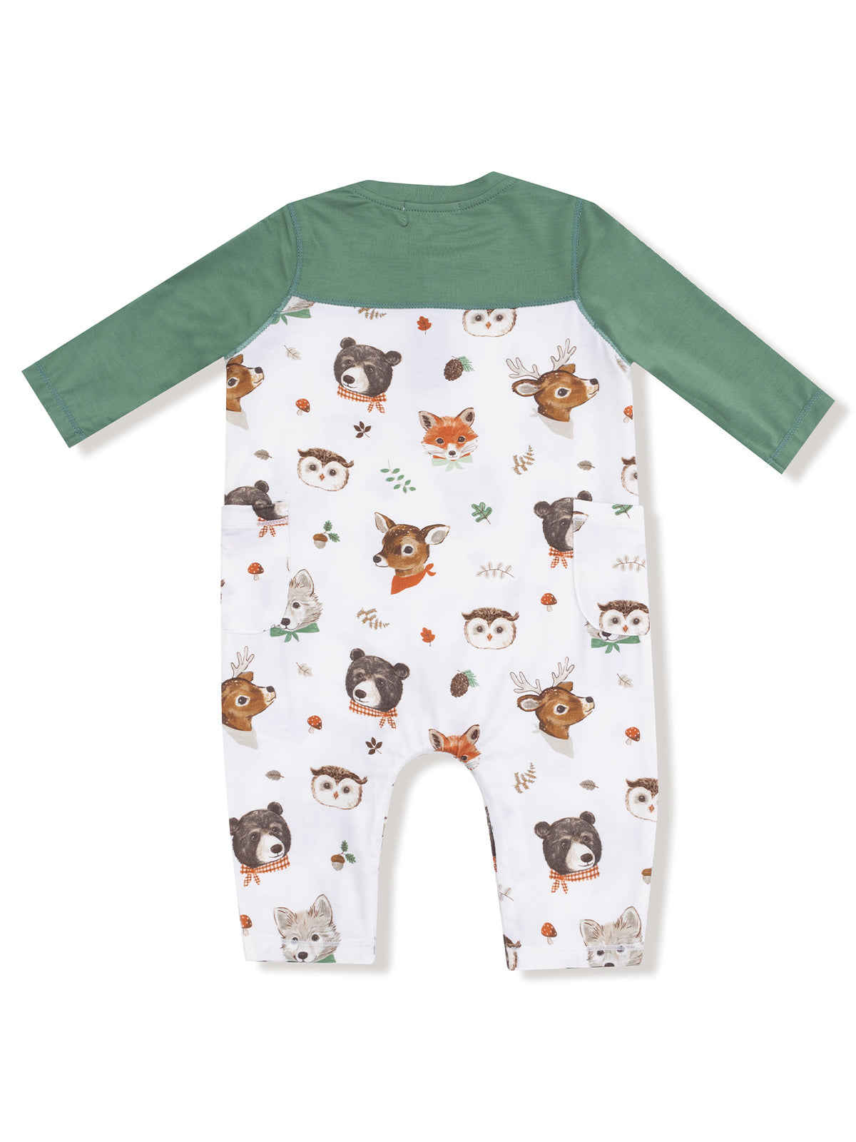 Baby onesie with a green top and white bottom featuring playful animal illustrations.