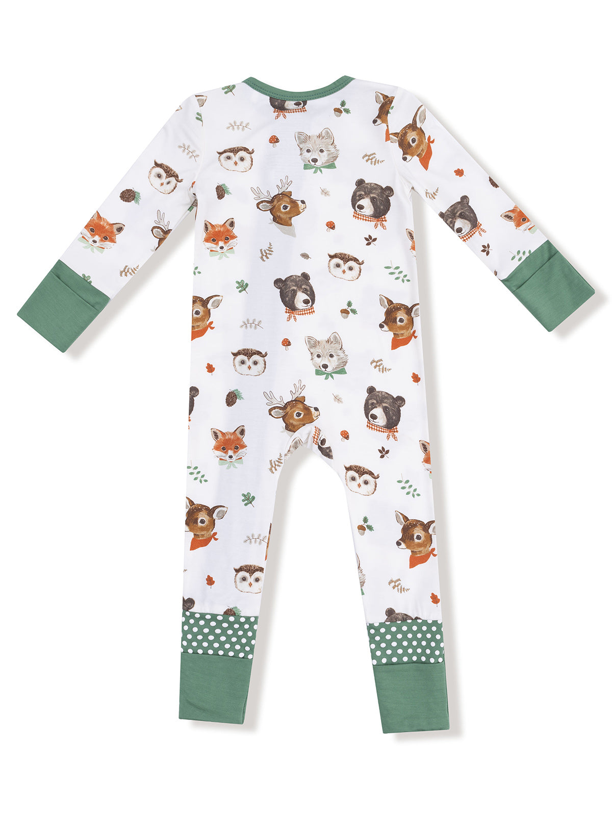 Children's pajama onesie featuring playful animal prints and green cuffs, perfect for cozy nights.