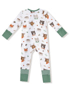 Children's pajama onesie featuring playful animal prints and green cuffs, perfect for cozy nights.