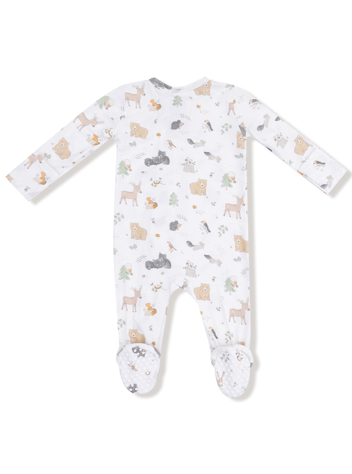 White infant onesie with animal and nature print, featuring soft footed design and long sleeves.