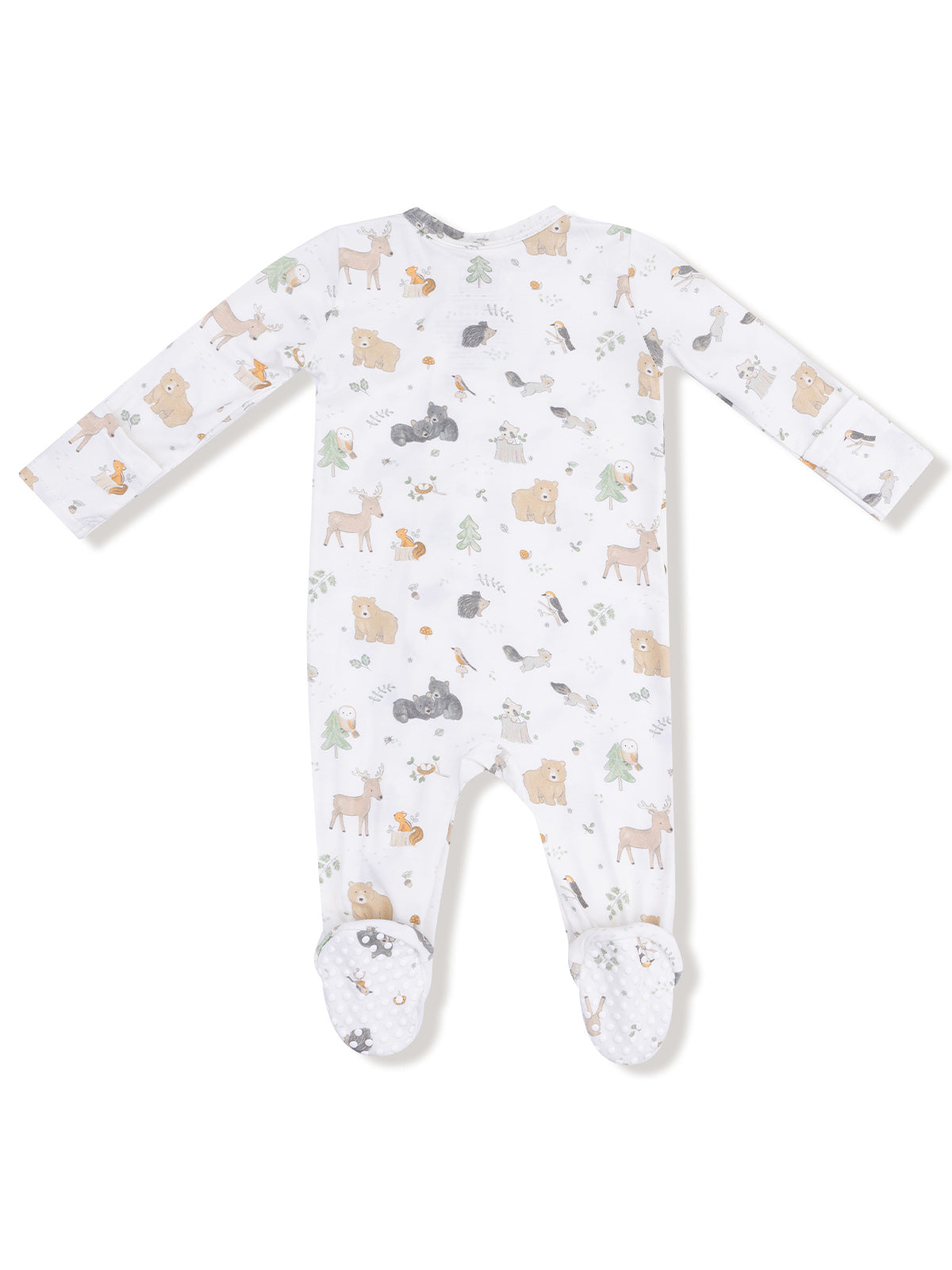 White infant onesie with animal and nature print, featuring soft footed design and long sleeves.