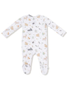 White infant onesie with animal and nature print, featuring soft footed design and long sleeves.