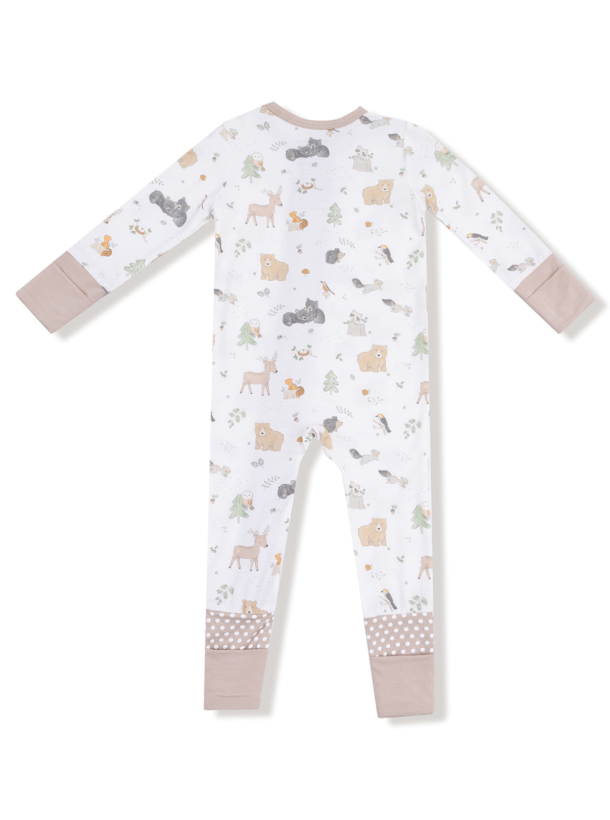 Kids' back view of animal-patterned pajamas with long sleeves and beige cuff details.