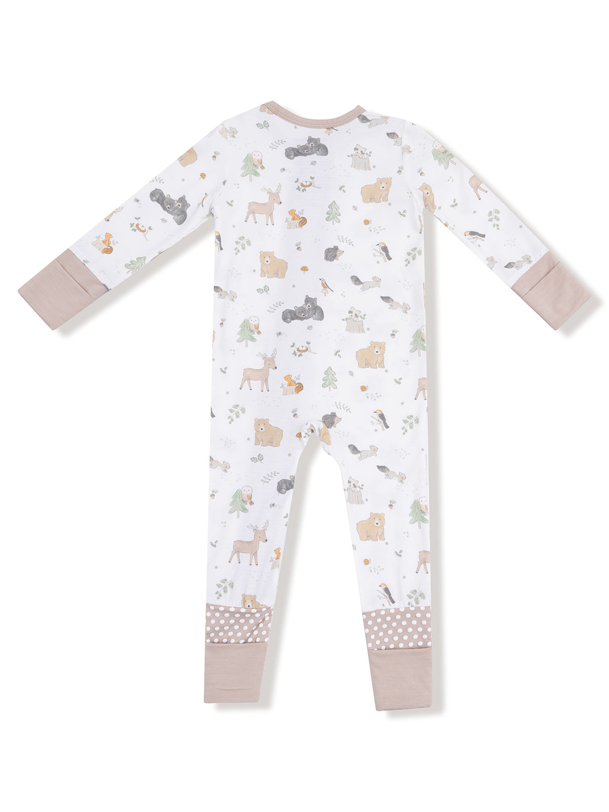 Kids' back view of animal-patterned pajamas with long sleeves and beige cuff details.