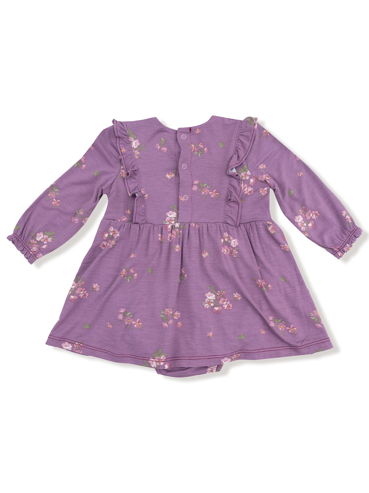 Purple floral dress with ruffles and button closure, ideal for toddlers and infants.