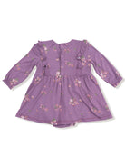 Purple floral dress with ruffles and button closure, ideal for toddlers and infants.