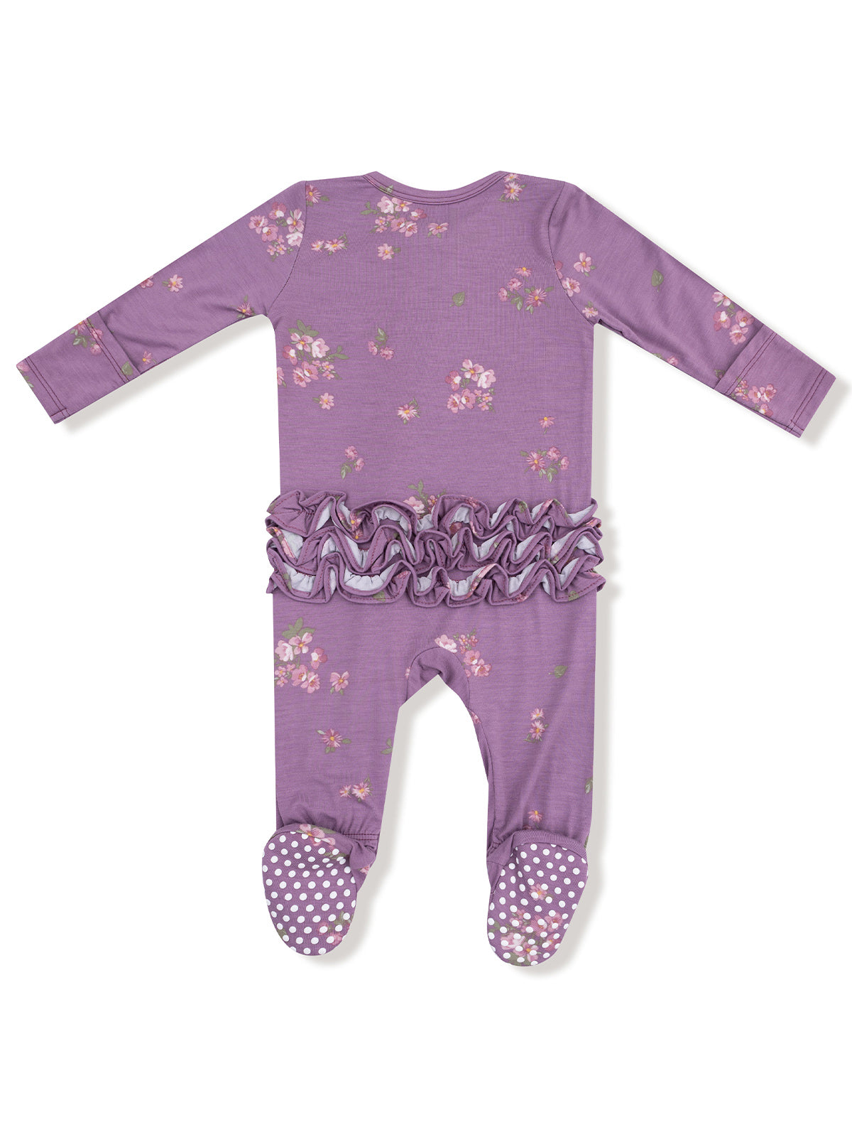 Purple floral baby onesie with ruffled waistband and polka-dot footed design, viewed from the back.