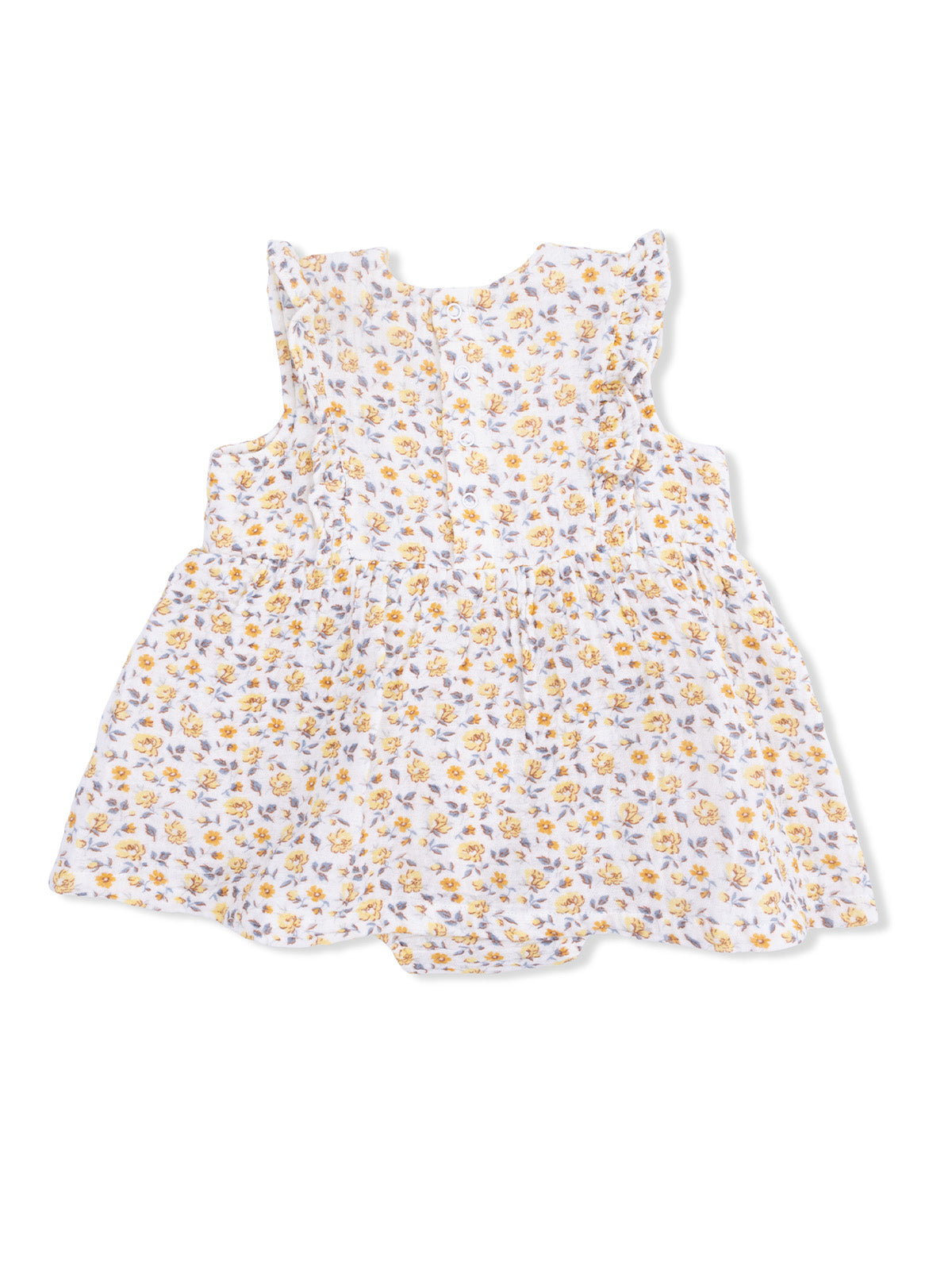 Floral-patterned white dress with ruffled sleeves and a gathered waist for girls.