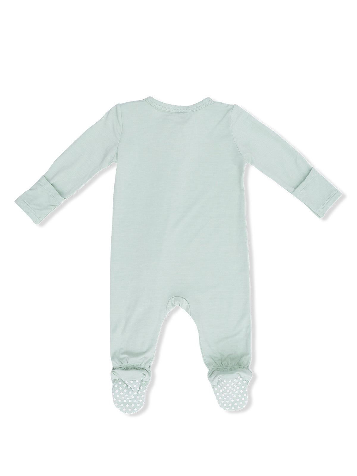 Light green baby onesie with long sleeves and dotted foot grips, shown from the back.