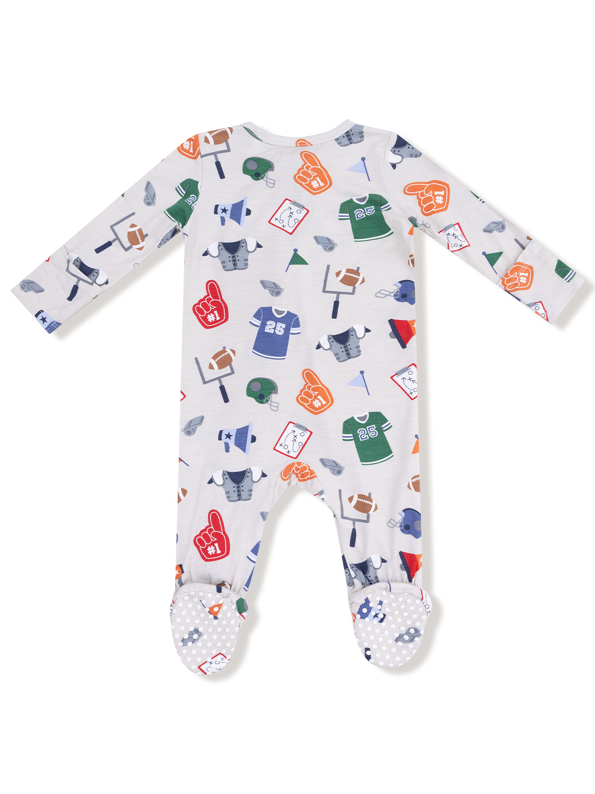 Long-sleeve baby onesie with colorful sports-themed prints on a light background.