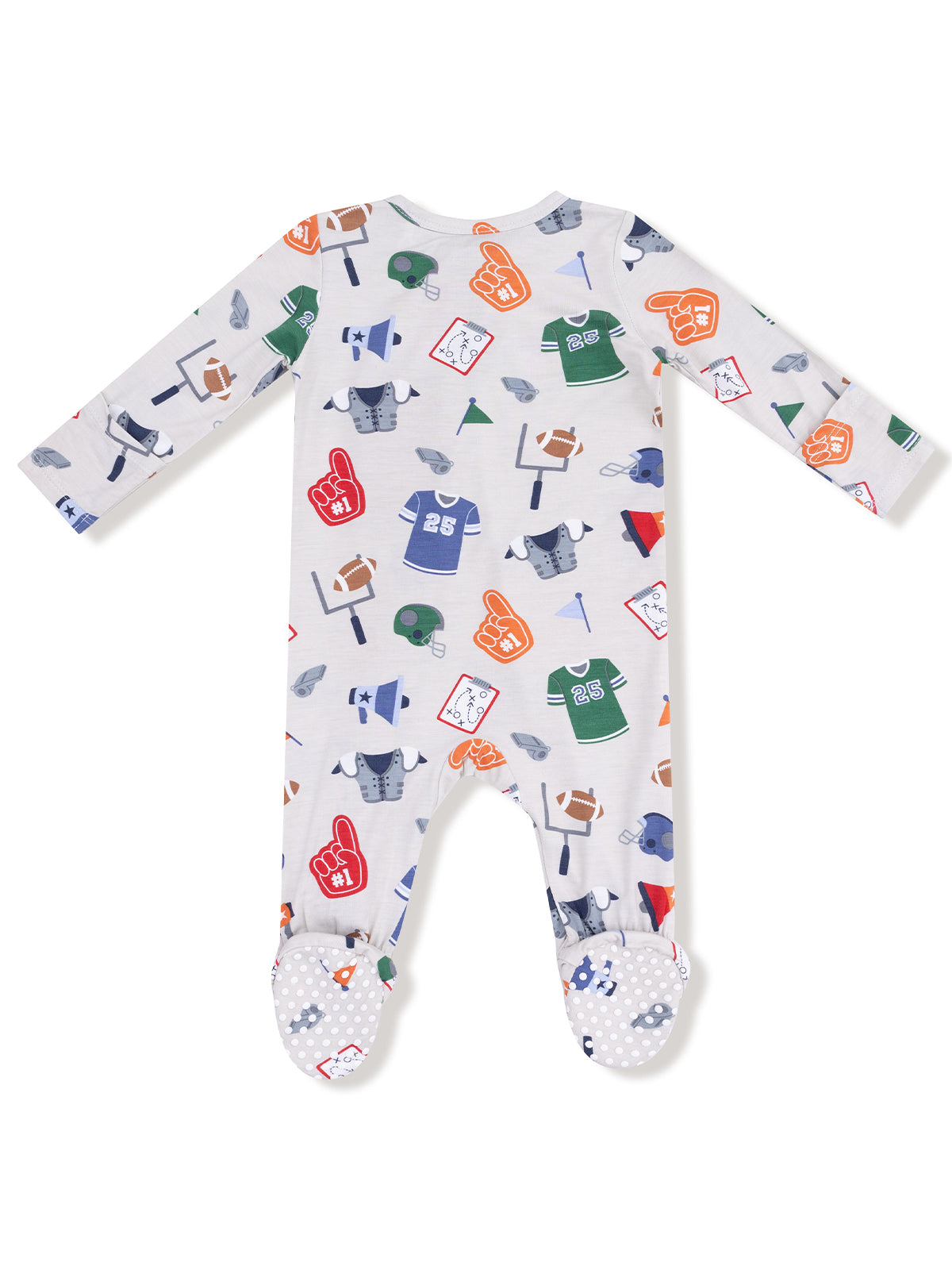 Long-sleeve baby onesie with colorful sports-themed prints on a light background.