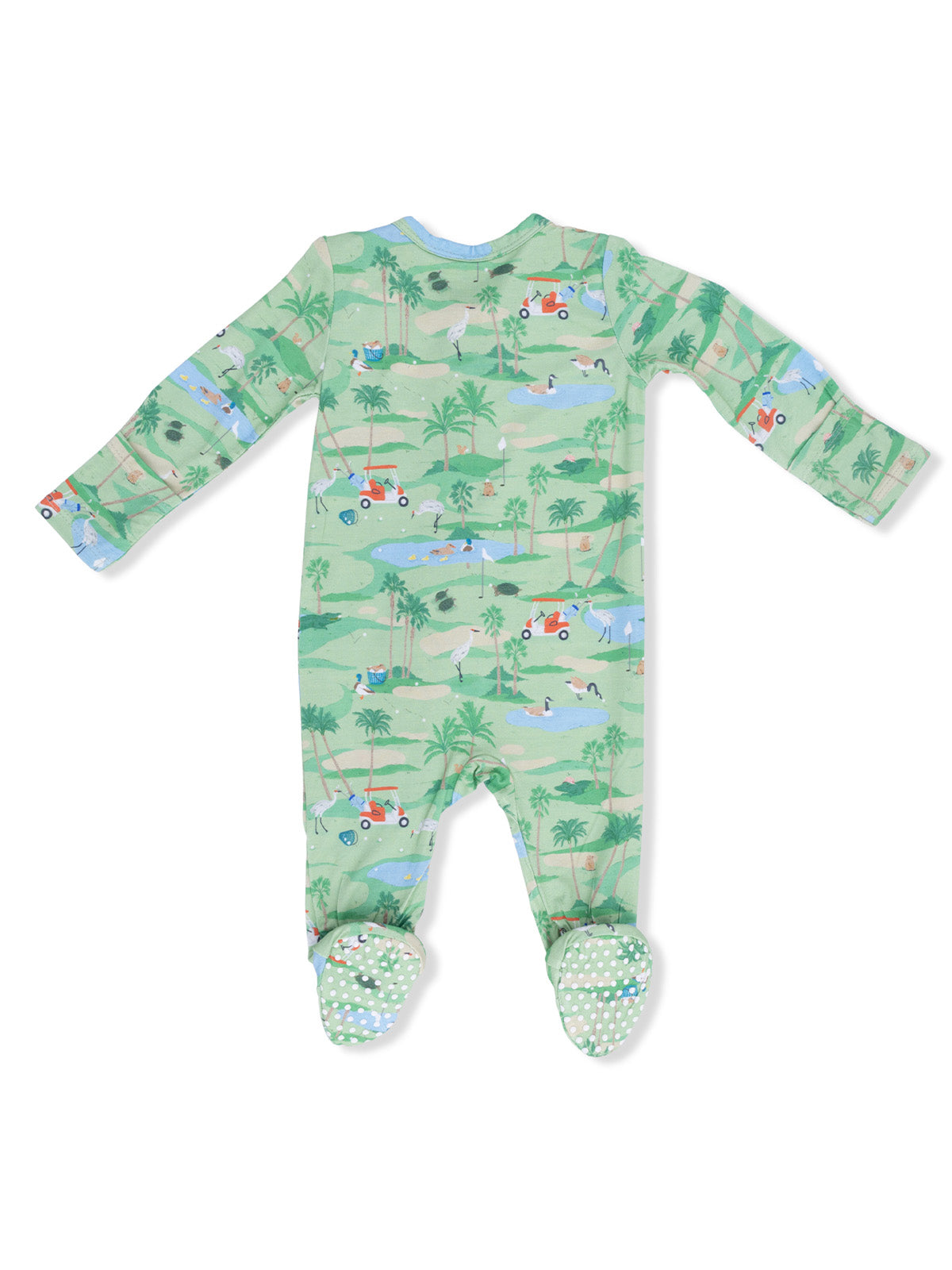 Green toddler onesie featuring playful animal and vehicle prints, perfect for bedtime or playtime.