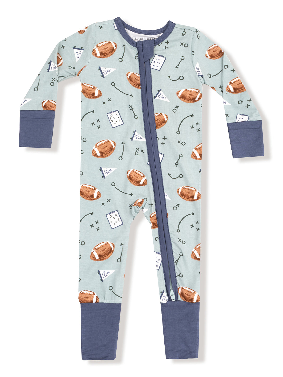 Light blue football-themed onesie with long sleeves and a zipper closure. Fun sports pattern throughout.