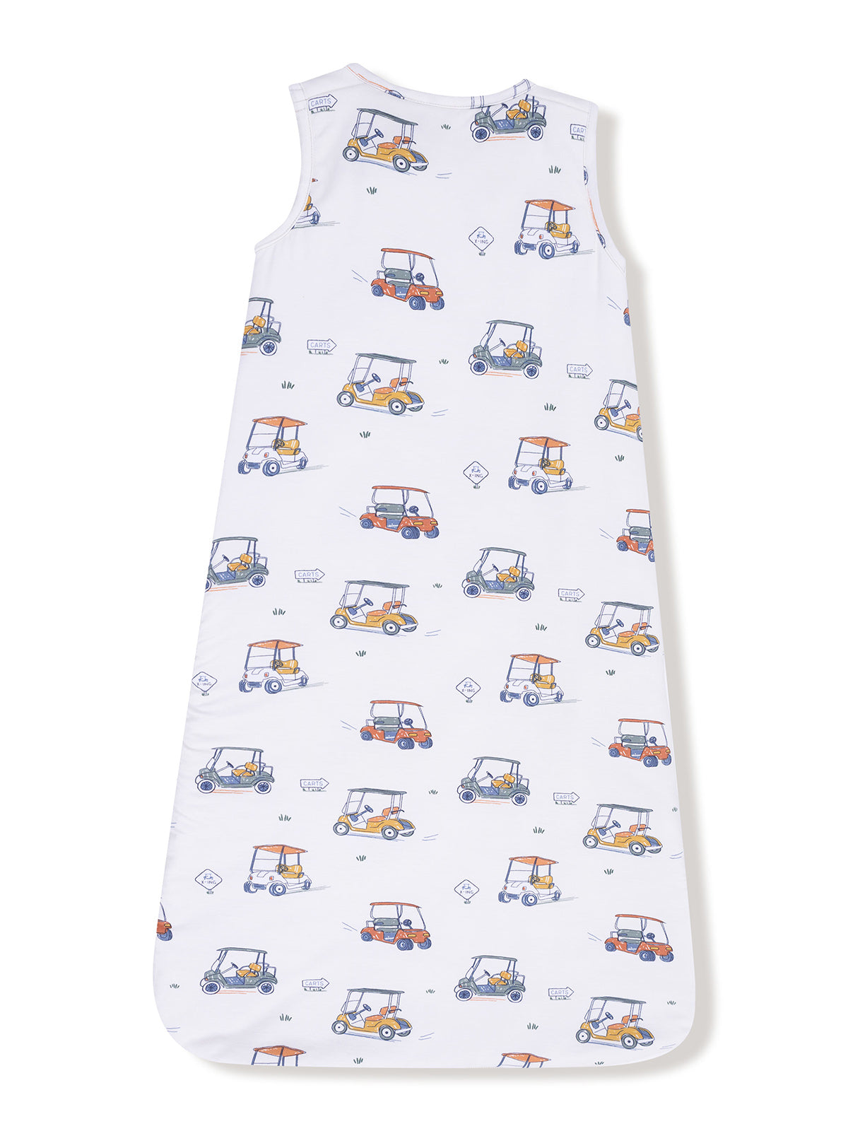 Children's sleep sack featuring a playful golf cart print on a white background.