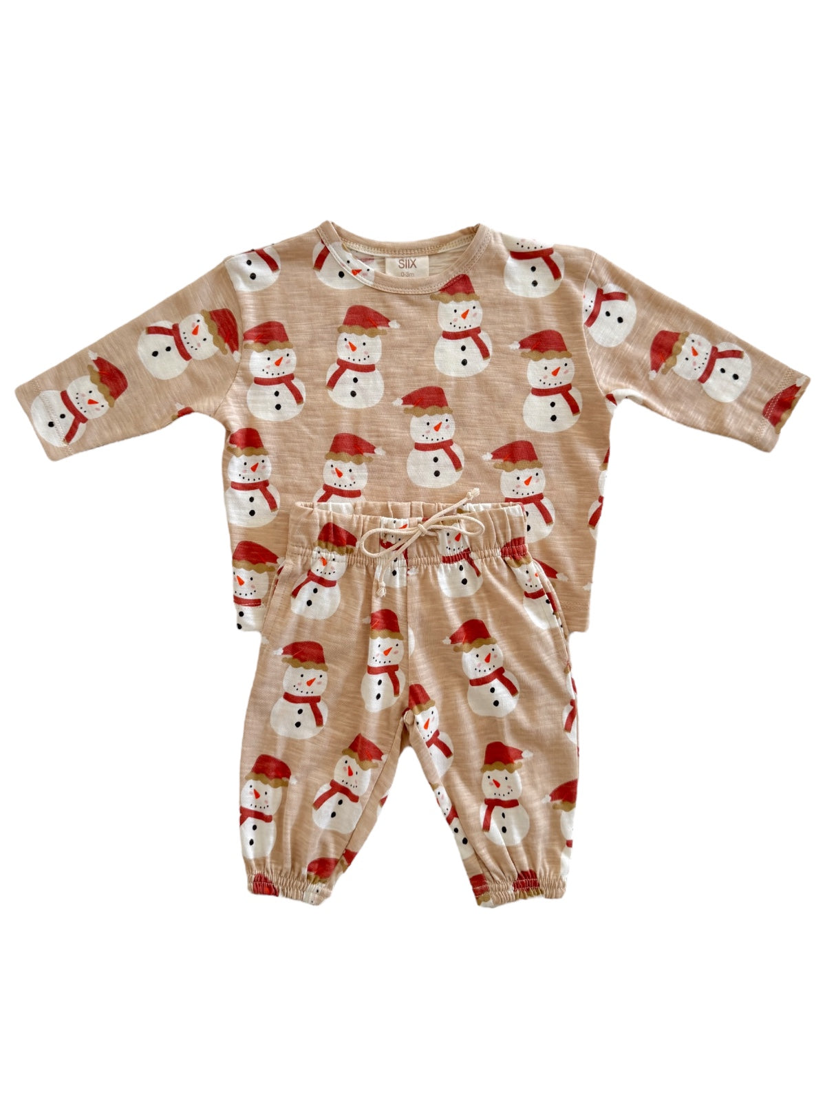 Beige children's outfit with snowman print, featuring a long-sleeve top and elastic waist pants.