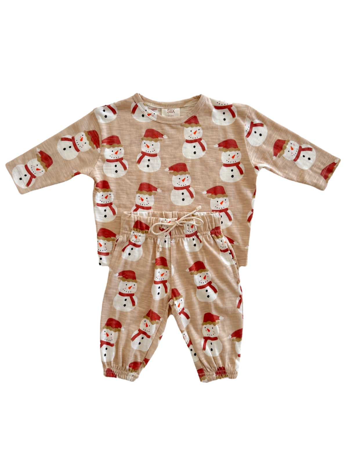 Beige children's outfit with snowman print, featuring a long-sleeve top and elastic waist pants.