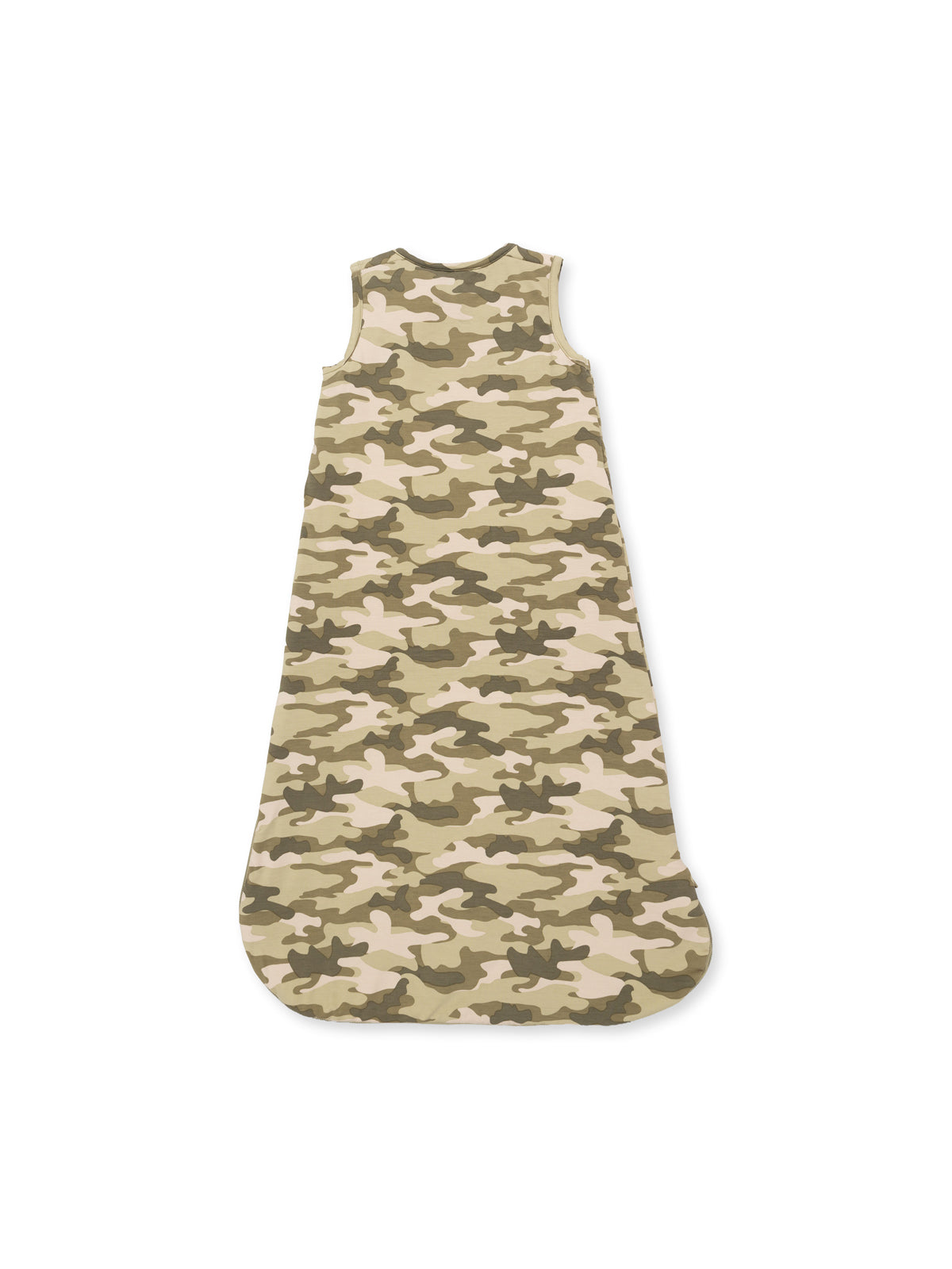 Camo-patterned sleeveless sleep sack in earthy tones, designed for comfort and warmth.