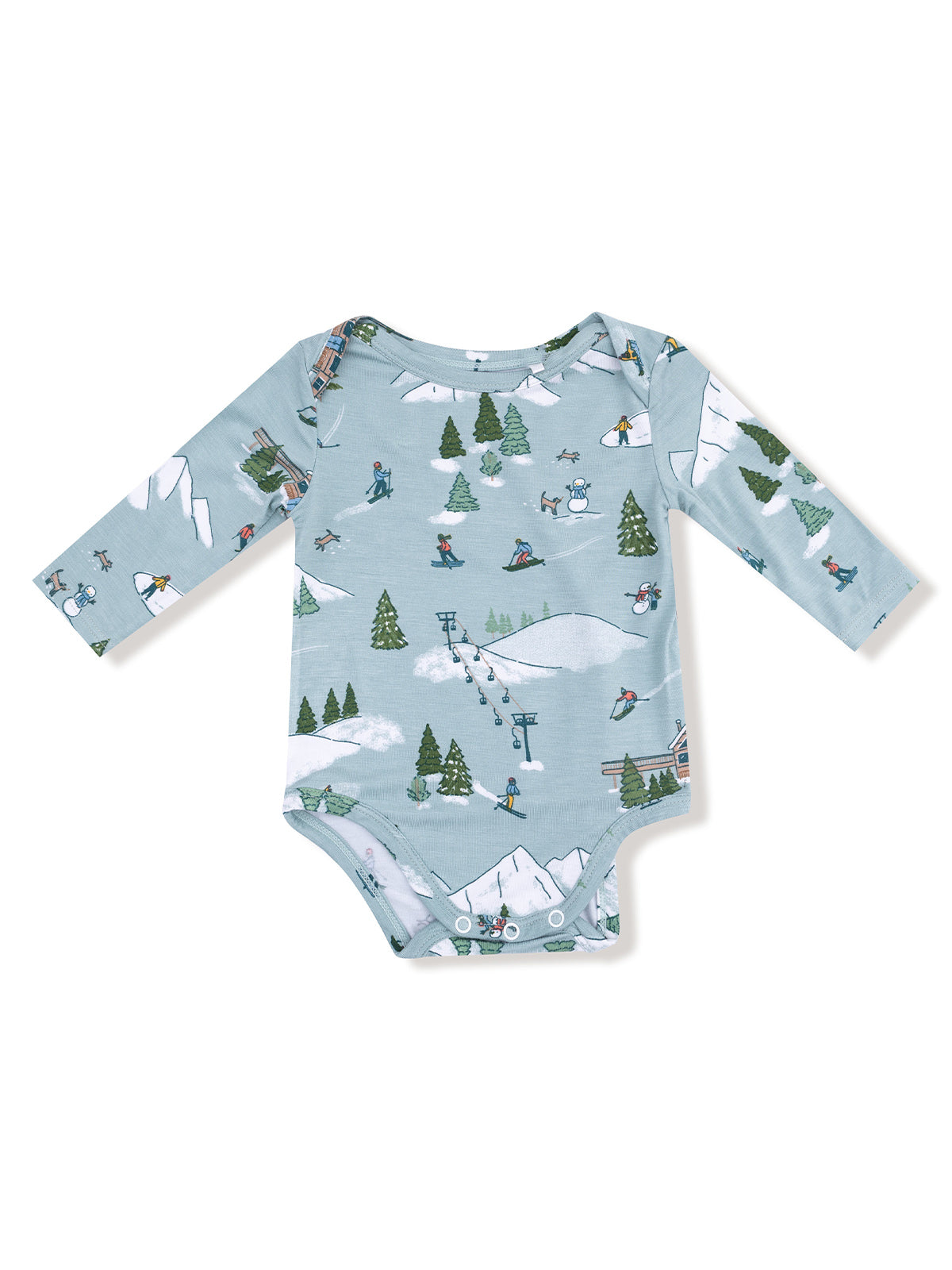 Light blue baby onesie with winter sports print, featuring skiers, snowmen, and evergreen trees.