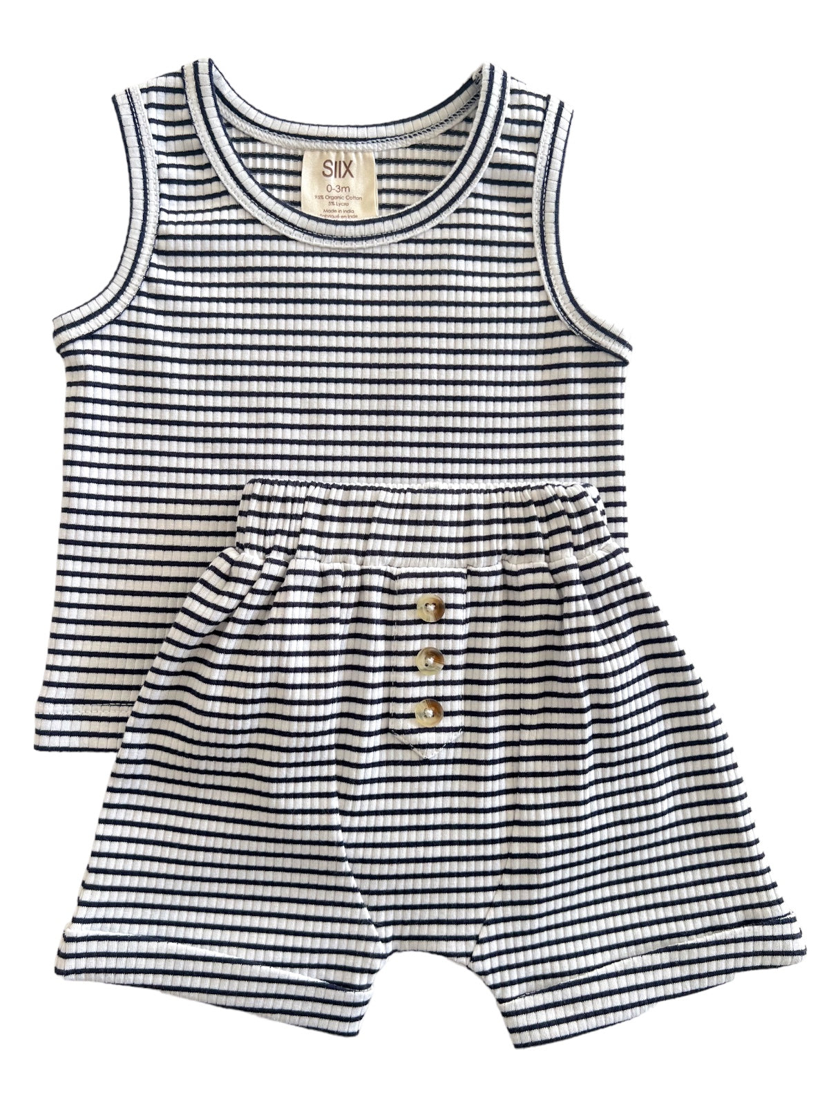 Striped baby tank top and shorts set in navy and white, size 0-3 months, featuring button detail on shorts.
