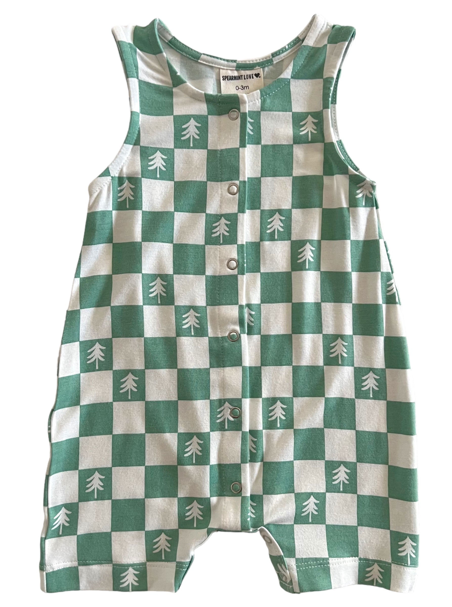Green and white checkered baby romper with tree patterns, featuring front buttons and sleeveless design.