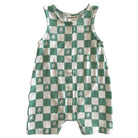 Green and white checkered baby romper with tree patterns, featuring front buttons and sleeveless design.
