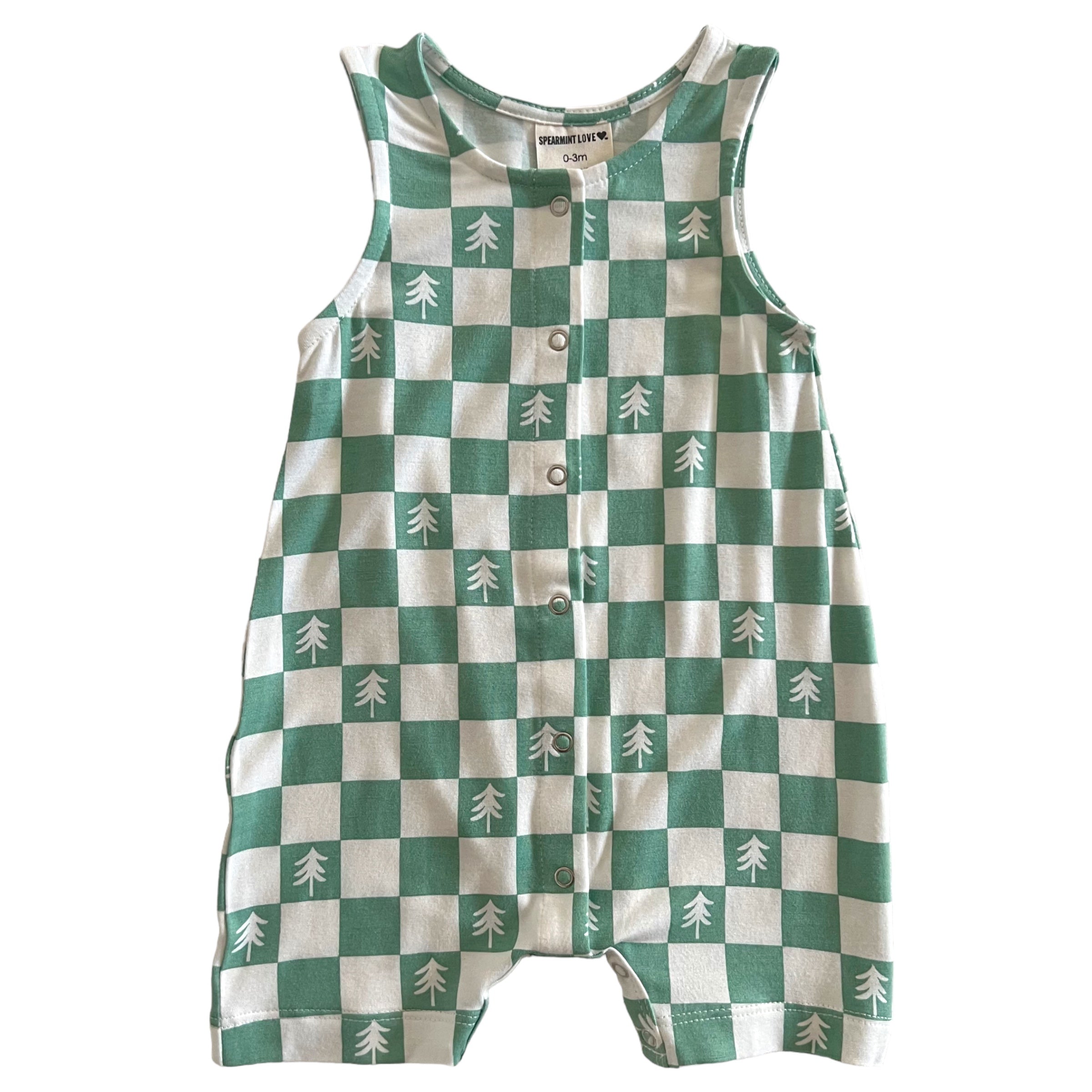 Green and white checkered baby romper with tree patterns, featuring front buttons and sleeveless design.