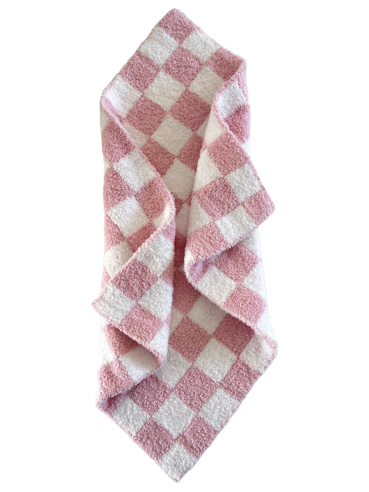 Pink and white checkered towel folded neatly on a white background.