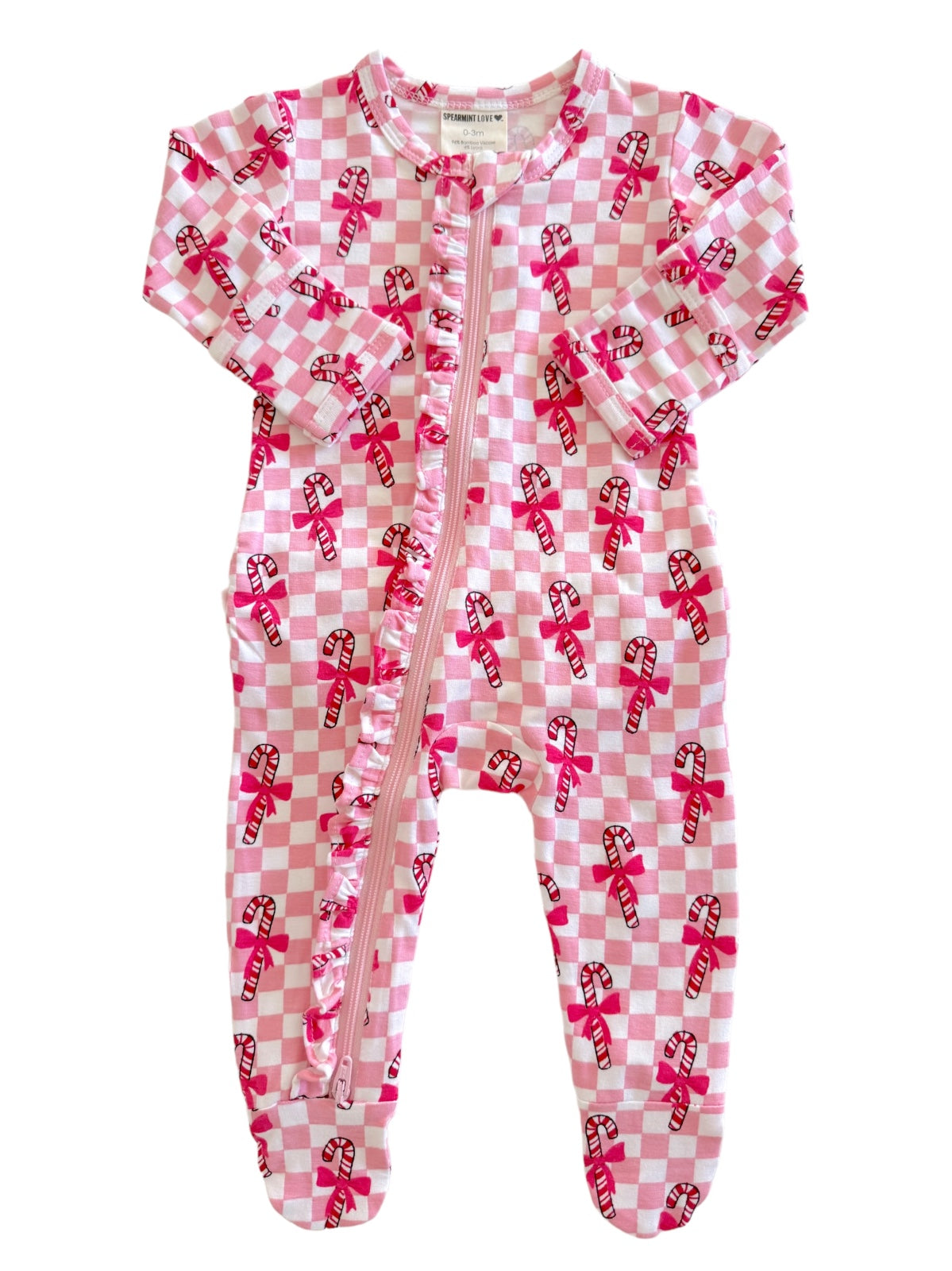 Pink checkered baby onesie with candy cane pattern and ruffled zip front. Perfect for winter wear.