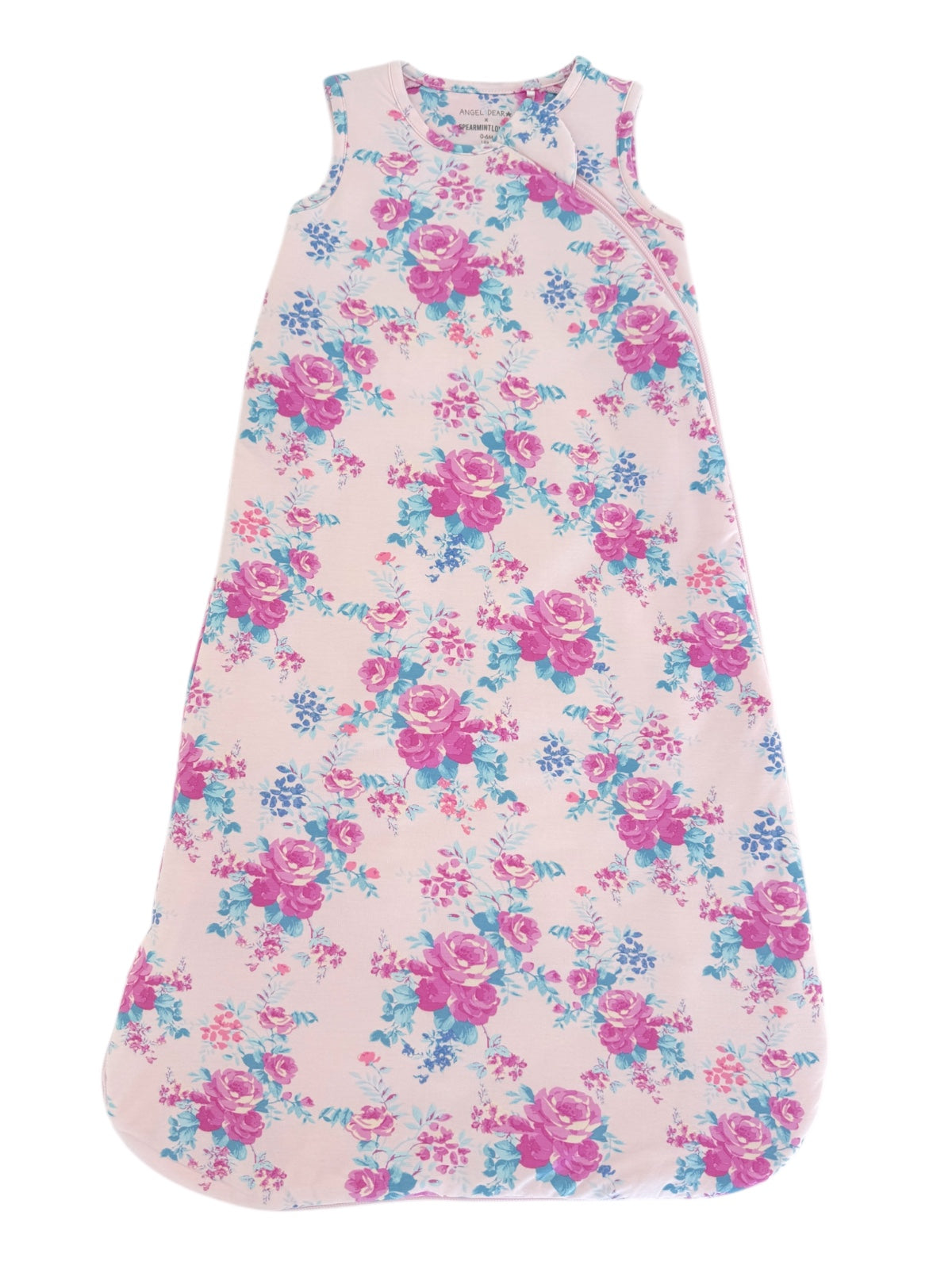 Floral baby sleeping bag with pink, purple, and blue roses on a light background, designed for comfort and safety.
